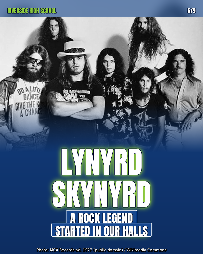 Lynyrd Skynyrd Group of men in band standing with arms crossed, folded, or open. They wear vintage band t-shirts, hats, and some wear sunglasses.