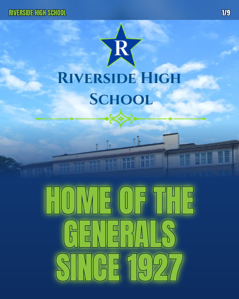 "Home of the Generals Since 1927" written in green on a blue background. A school building with a blue star in the center.