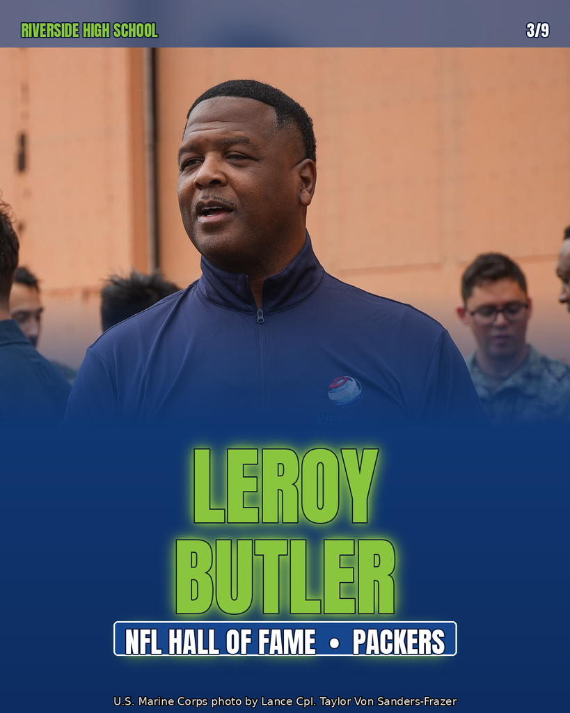 Man in navy blue jacket stands in front of orange background. Green text reads "LEROY BUTLER" and "NFL HALL OF FAME • PACKERS".