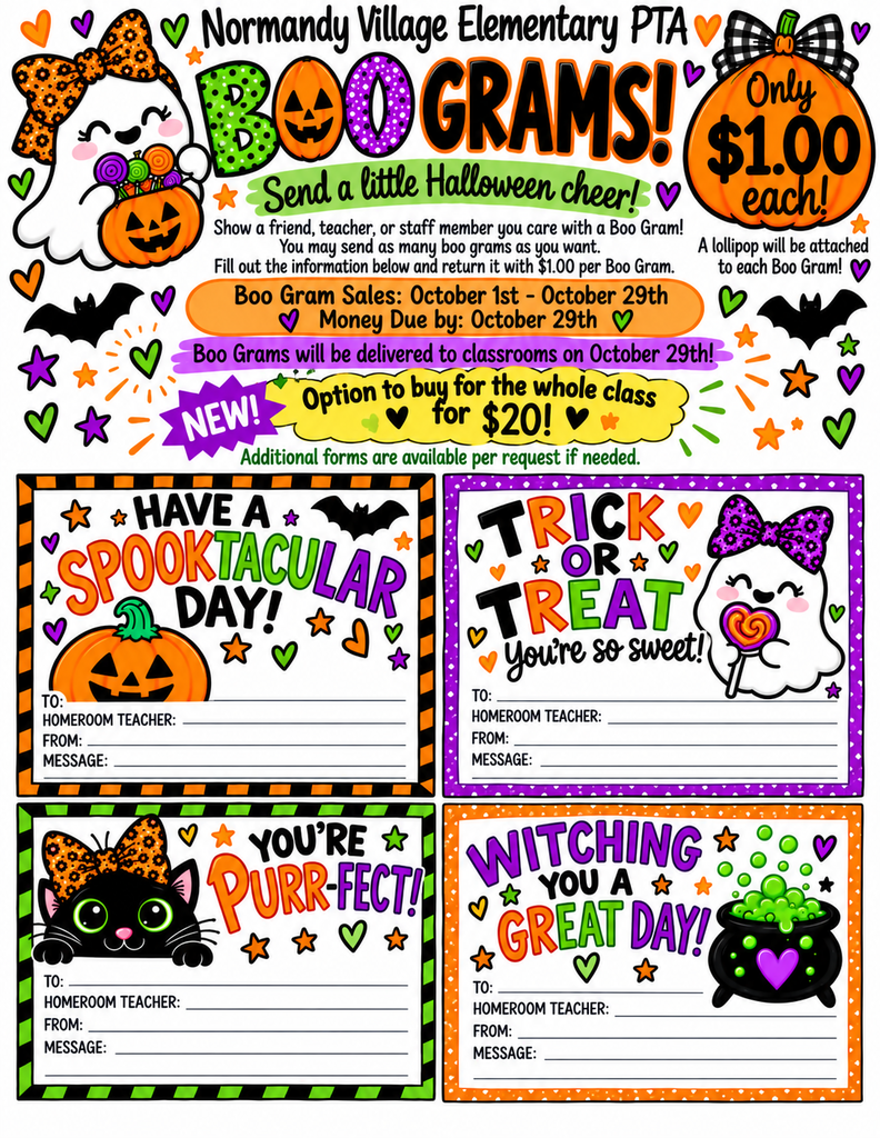 Colorful Halloween-themed cards with spooky decorations. Cards have phrases like "Have a Spooky Day!" and "You're Purrfect!" with spaces for messages.