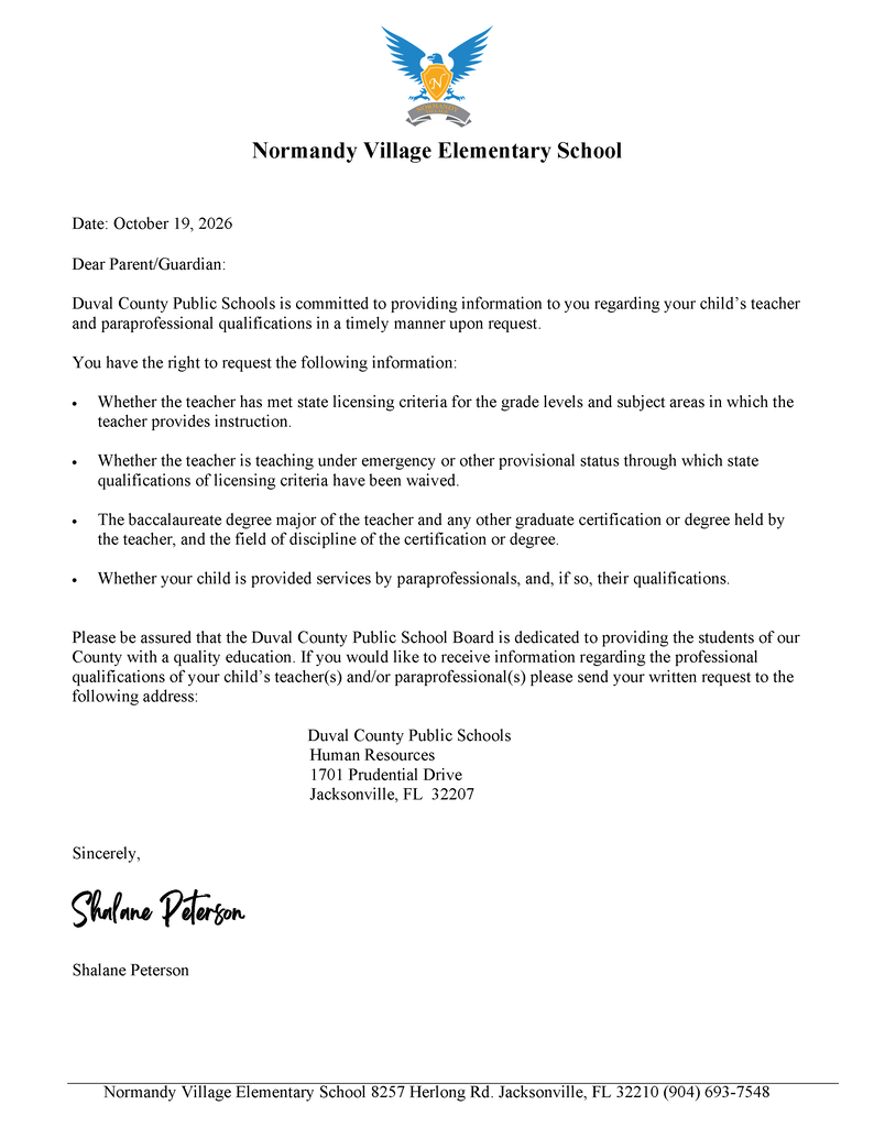 Document titled 'Normandy Village Elementary School'. It contains a date, a signature, and an address.