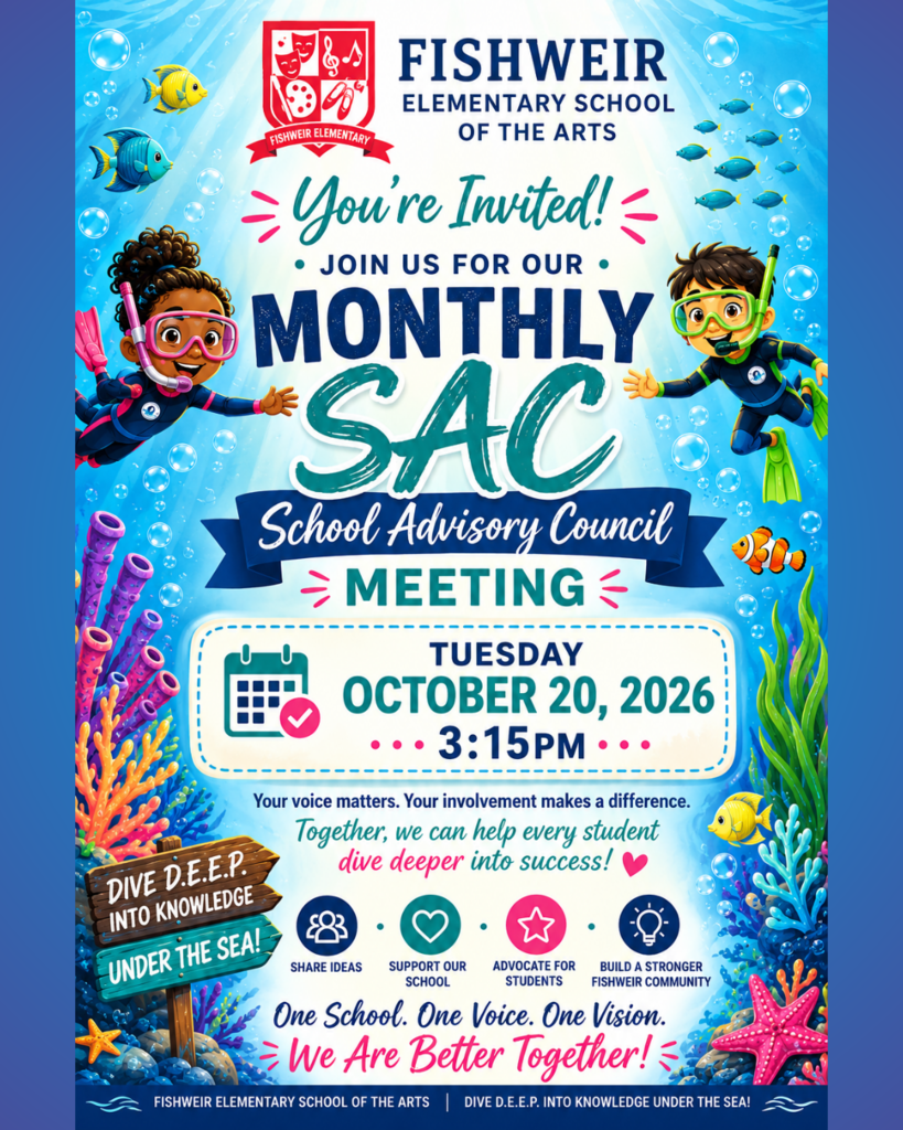 Poster with a blue background, underwater scene, fish, coral. Two children in scuba gear.