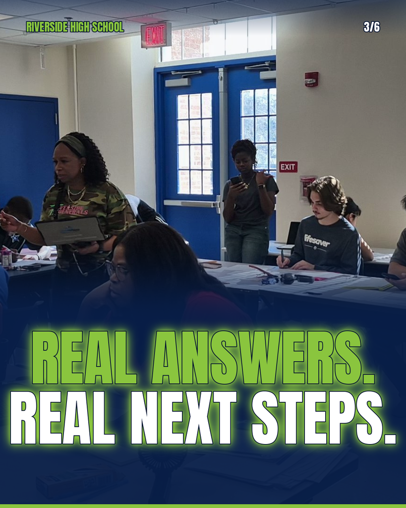 A room with white walls and blue doors. Several people at tables. One person holds a tablet. Text reads, "Real Answers. Real Next Steps."