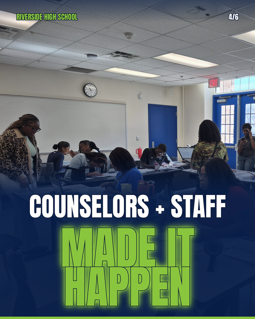 Inside an office with blue doors, people sit at desks, some wearing glasses. A whiteboard and clock adorn the wall. Text reads "COUNSELORS + STAFF MADE IT HAPPEN".