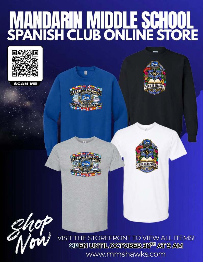 Four shirts, blue, black, white, and gray, displayed on blue background with QR code.