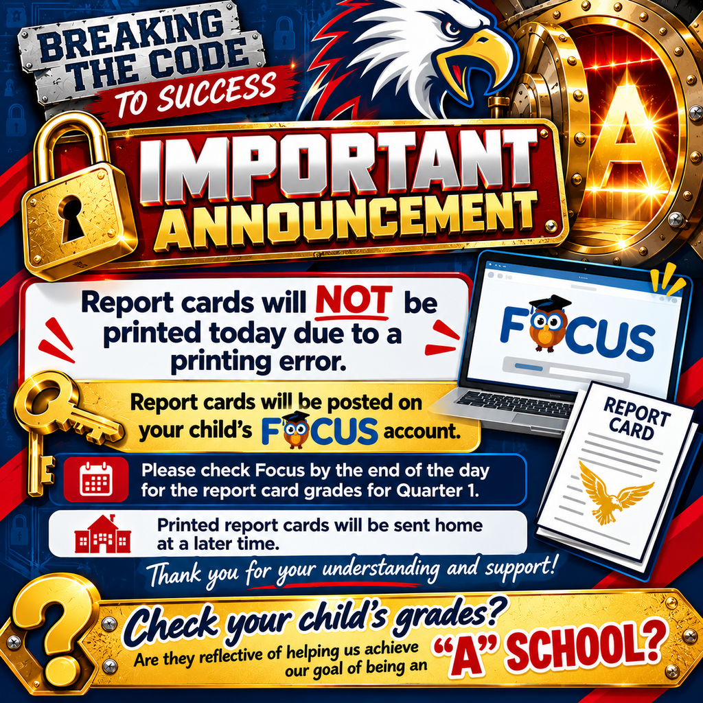 Report cards will be posted to Focus today! Printed report cards will go home at a later date. 