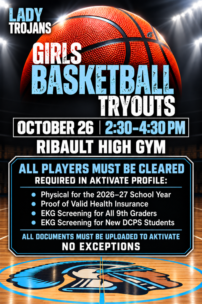 Basketball court with hoop, ball, and logo. Flyers for girls basketball tryouts at a high school.