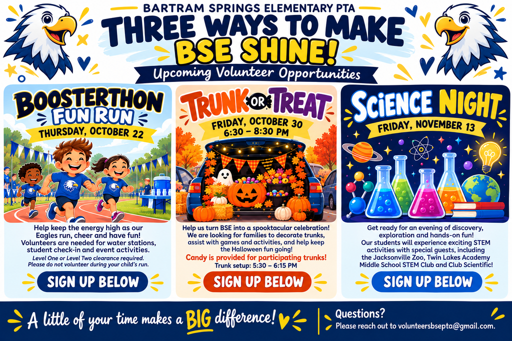 Three school volunteer events for students and families. Each event has a graphic and a sign-up link.