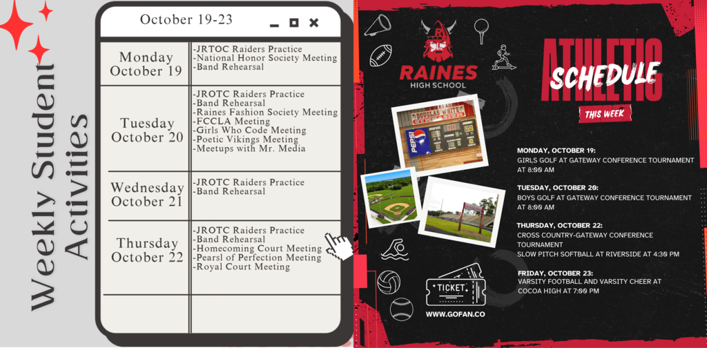 A schedule for October 19-23 with columns for days, activities, and dates, and a red-black background.