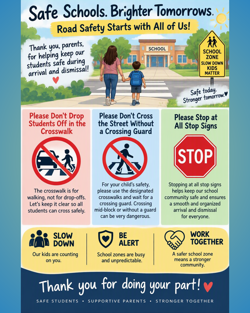 Graphic with road safety tips. A woman and child walking on the sidewalk. Road signs, stop sign, and icons.