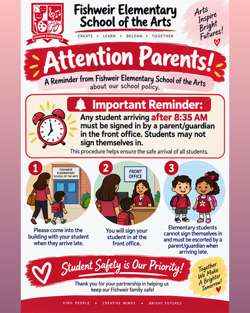 Fishweir Elementary School of the Arts flyer with a clock, a parent signing in, a student signing in, and an elementary student being escorted.