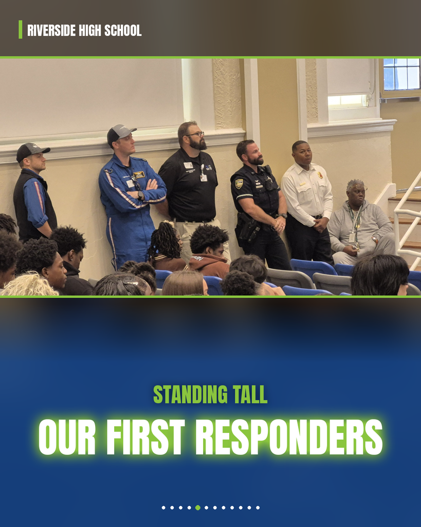 Group of uniformed men standing in front of seated audience, with "Standing Tall: Our First Responders" on blue background.