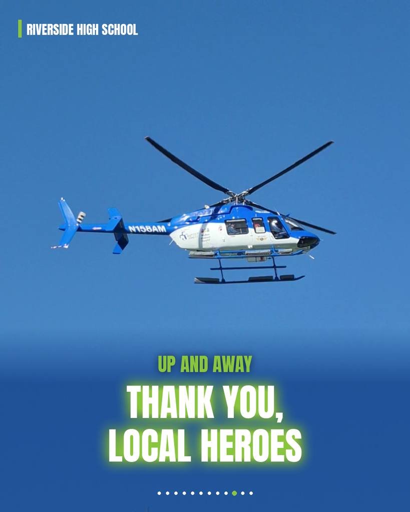 Blue and white helicopter in flight against clear blue sky. Words "Thank You, Local Heroes" below.
