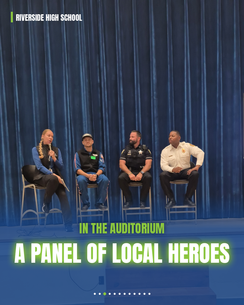 Four people sit on stools on a stage with a blue curtain backdrop. Text reads "In the Auditorium: A Panel of Local Heroes."
