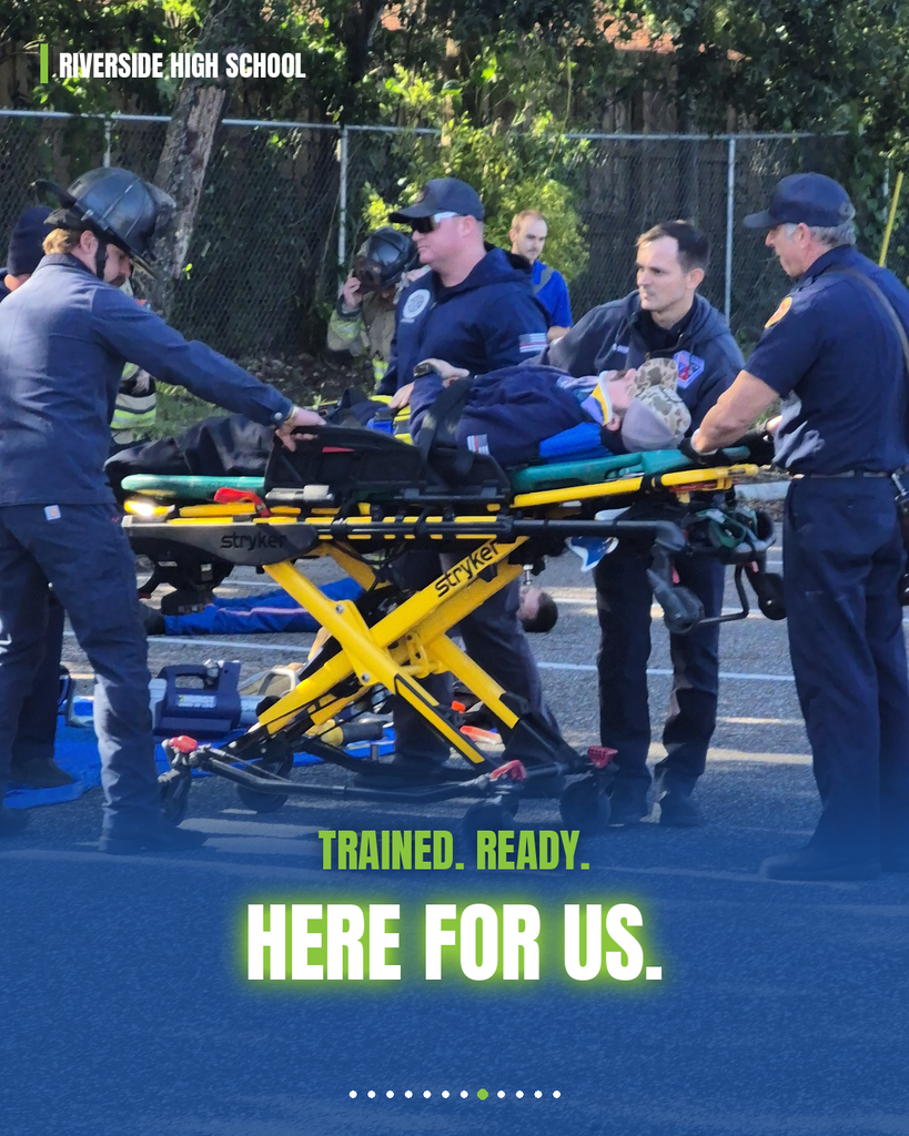 Emergency personnel carry person on stretcher. Green text overlay reads, "Trained. Ready. Here for Us."