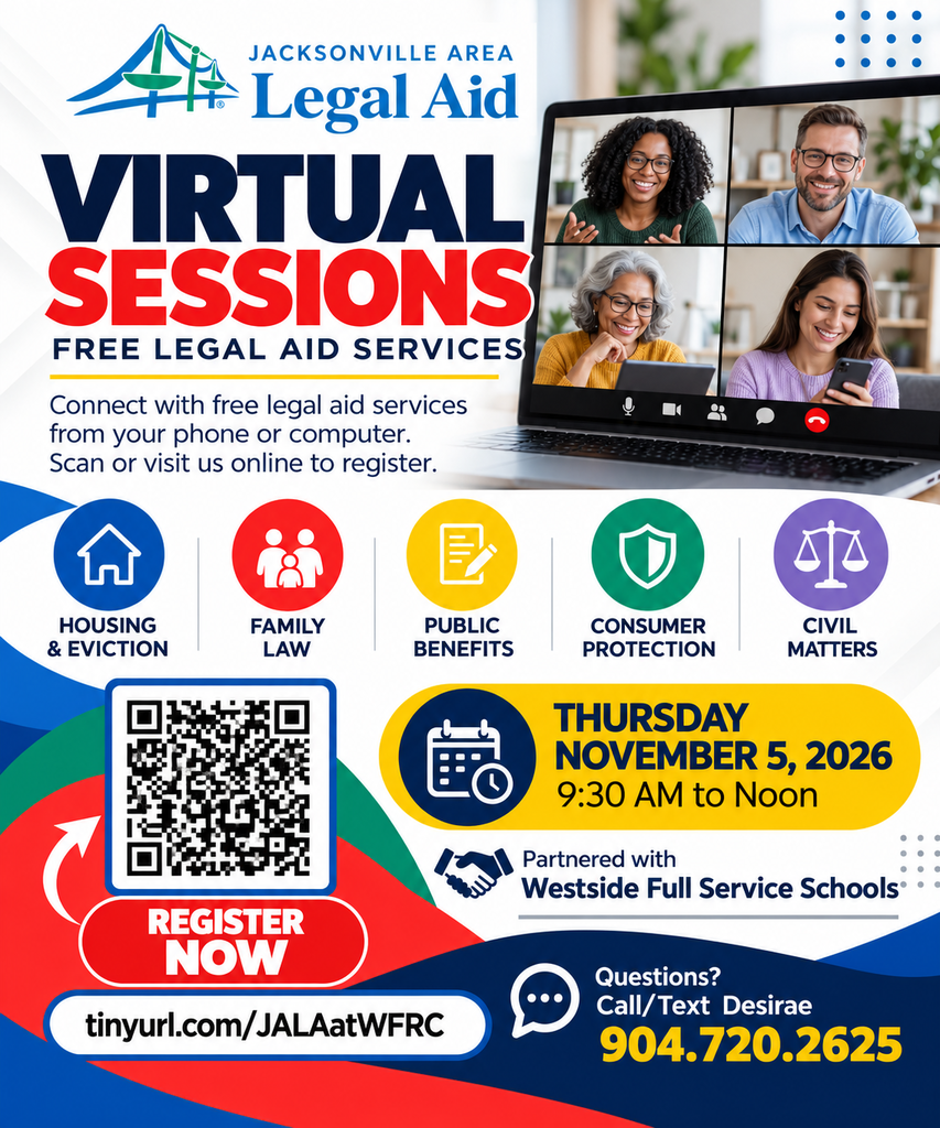 Advertisement for virtual legal aid sessions. Screen showing six people in video call. Icons and text. QR code.