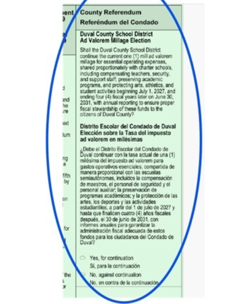 Black and white document with text in Spanish and English, showing a referendum proposal for Duval County School District.