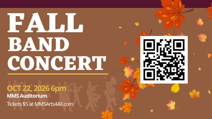 Fall band concert flyer with QR code, autumn leaves, and text "OCT 22, 2026, 6pm, MMS Auditorium, Tickets $5"