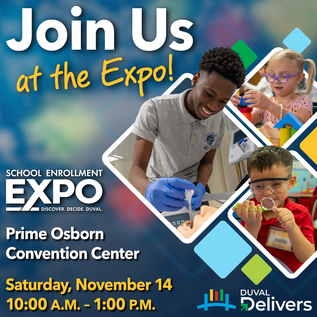 Advertisement for School Enrollment Expo, includes images of children in lab coats, a student using a microscope, and a smiling student. Expo Dates November 14th, 10:00am to 1:00pm.