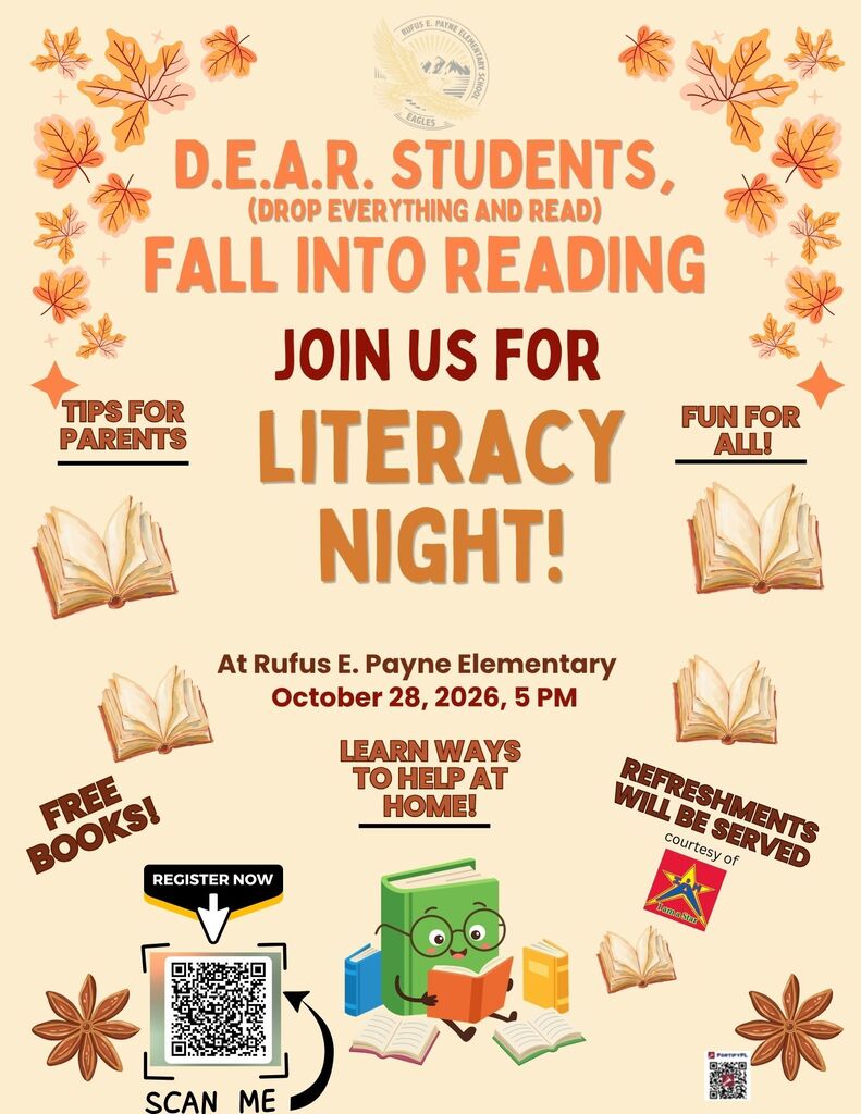 Poster with autumn leaves and books. Text: "Join us for Literacy Night!" with date, location, and details for registration.