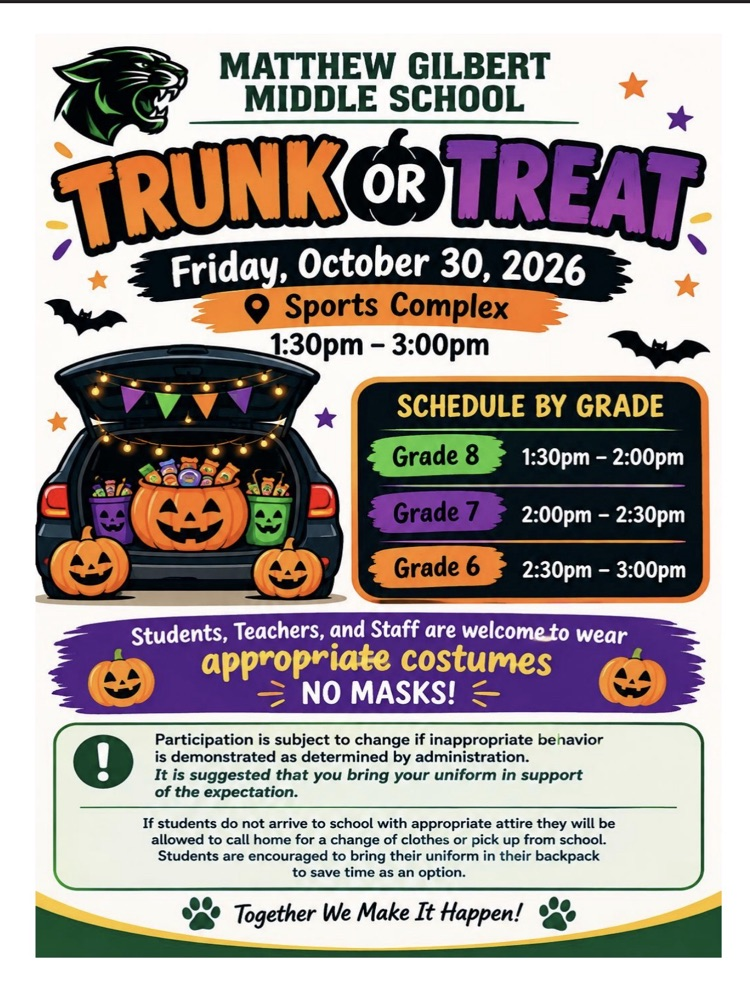 Poster displays "Trunk or Treat" in bold text with pumpkins, bats, and a car trunk. Schedule reads 1:30pm-3:00pm.