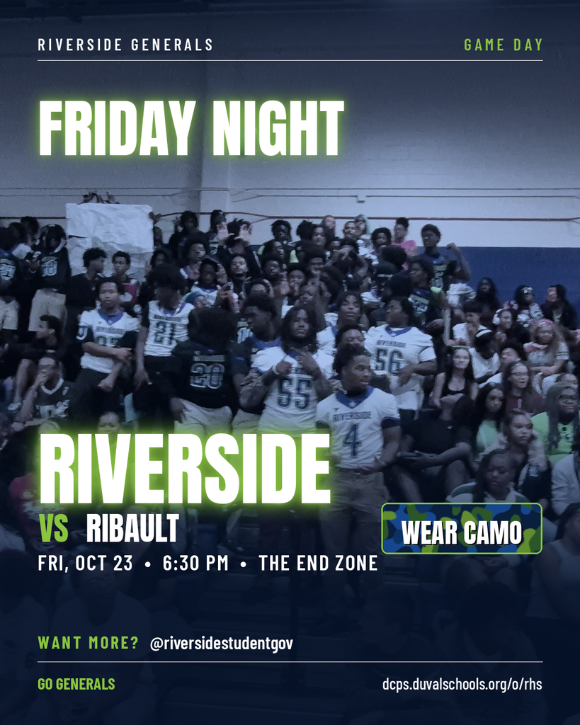 Group of people gathered, cheering, and holding signs with text. Banners with Riverside and Ribautl team names and logo.