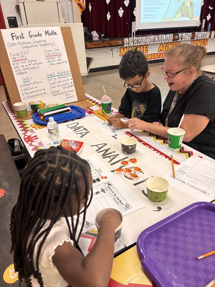 A group of students work on a math problem at a table. Three children sit. Two are wearing glasses.