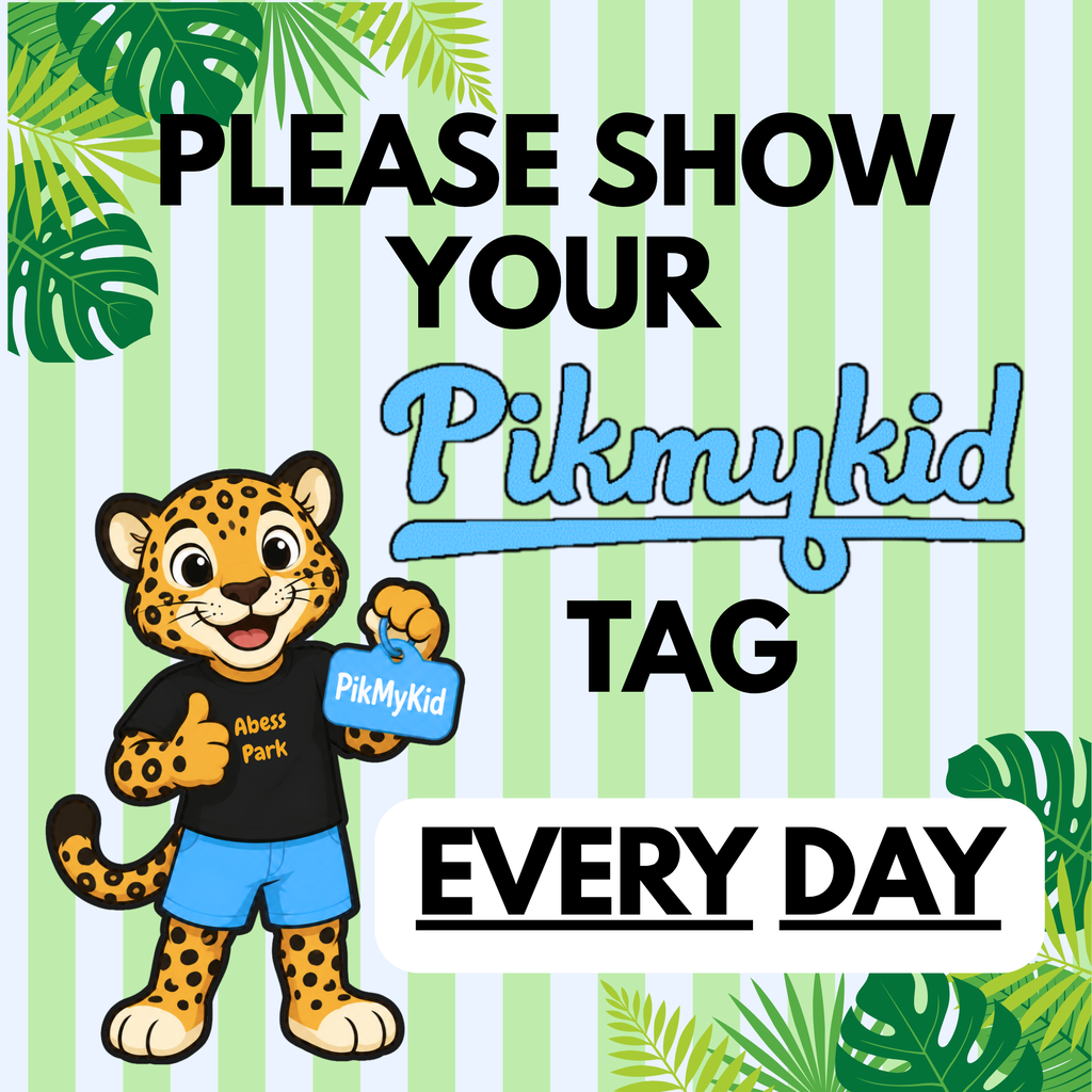 Illustration of a jaguar mascot holding a sign and wearing a shirt and shorts. Text reads, 'Please show your Pikmykid tag every day.'