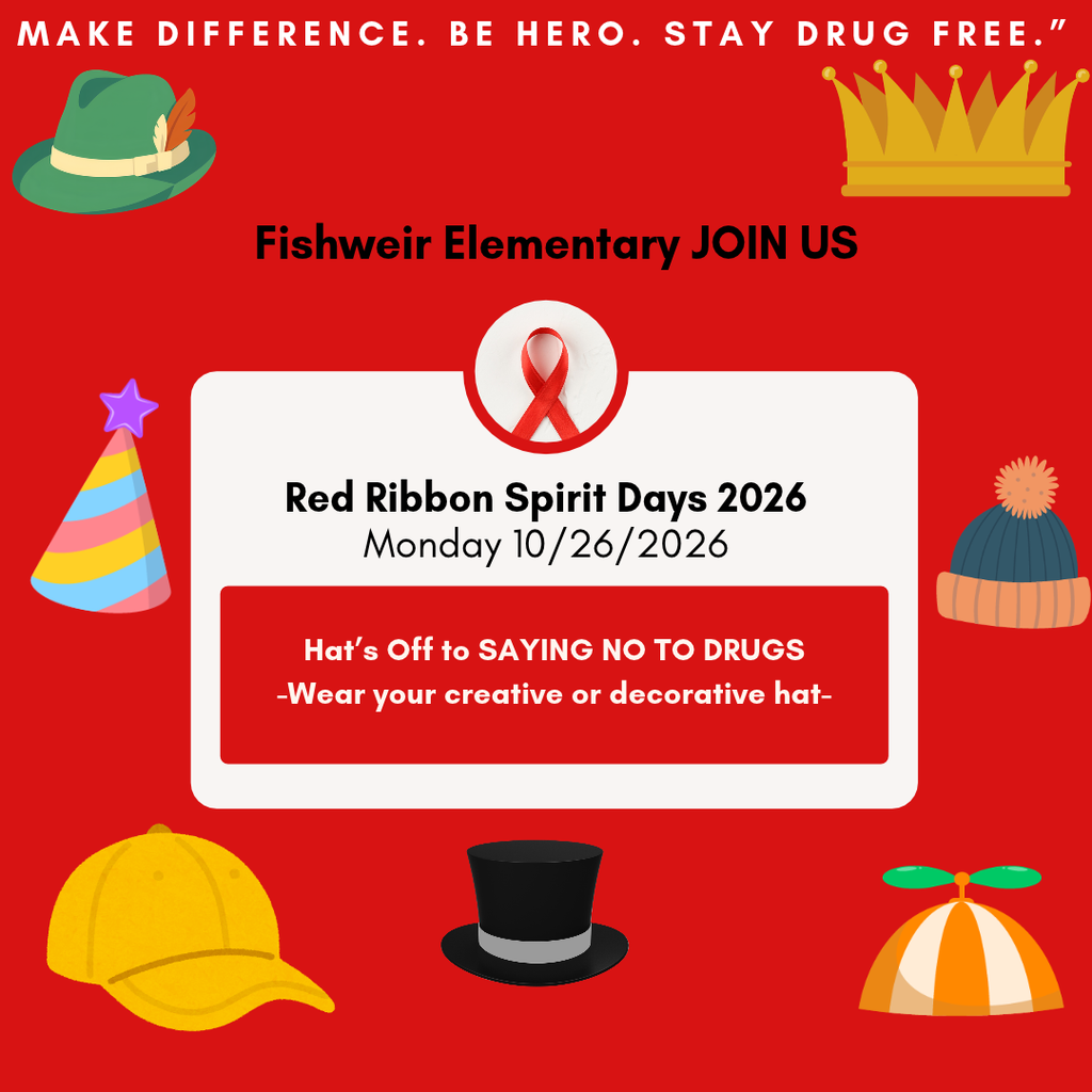 Red poster with white text and hats. It reads "Red Ribbon Spirit Days 2026 Monday 10/26/2026" and "Hat's Off to Saying No to Drugs."