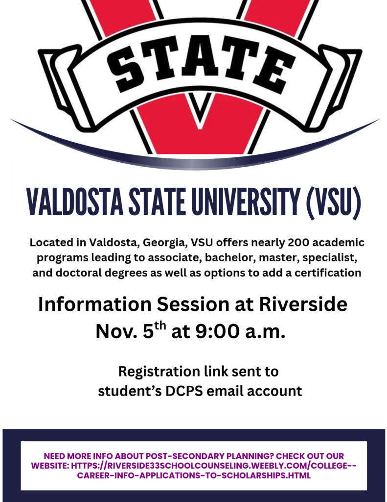 White and red text with "STATE" and "VALDOSTA STATE UNIVERSITY (VSU)" on white background. Text below states information session date and time, and registration details.