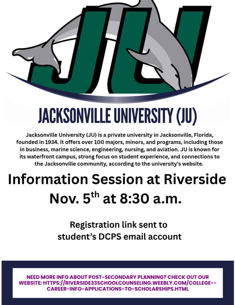A green dolphin logo at top, with text "Jacksonville University (JU)" below. Below, information about university and an upcoming info session.