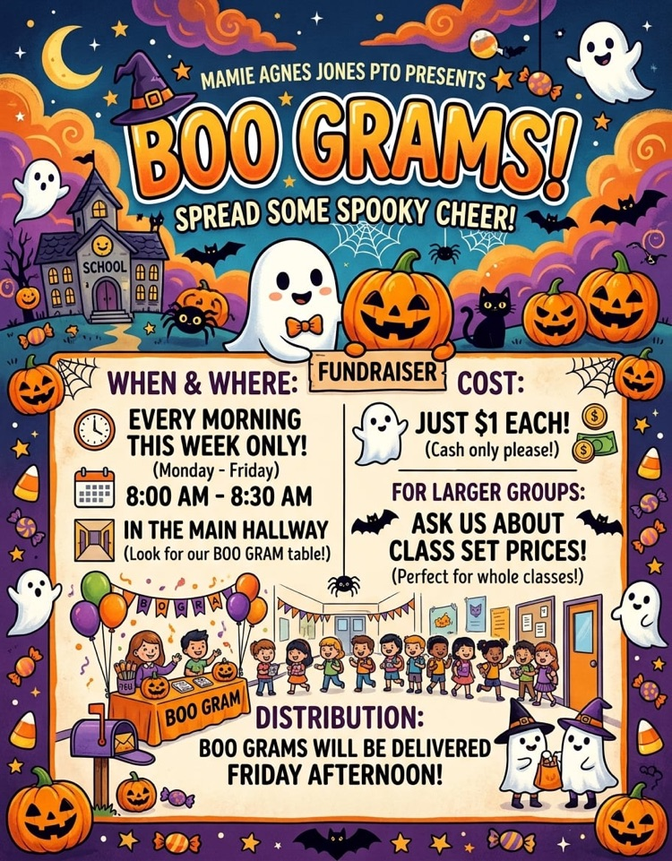 Flyer for a school event with spooky graphics and text. It reads "Boo Grams! Spread Some Spooky Cheer!"