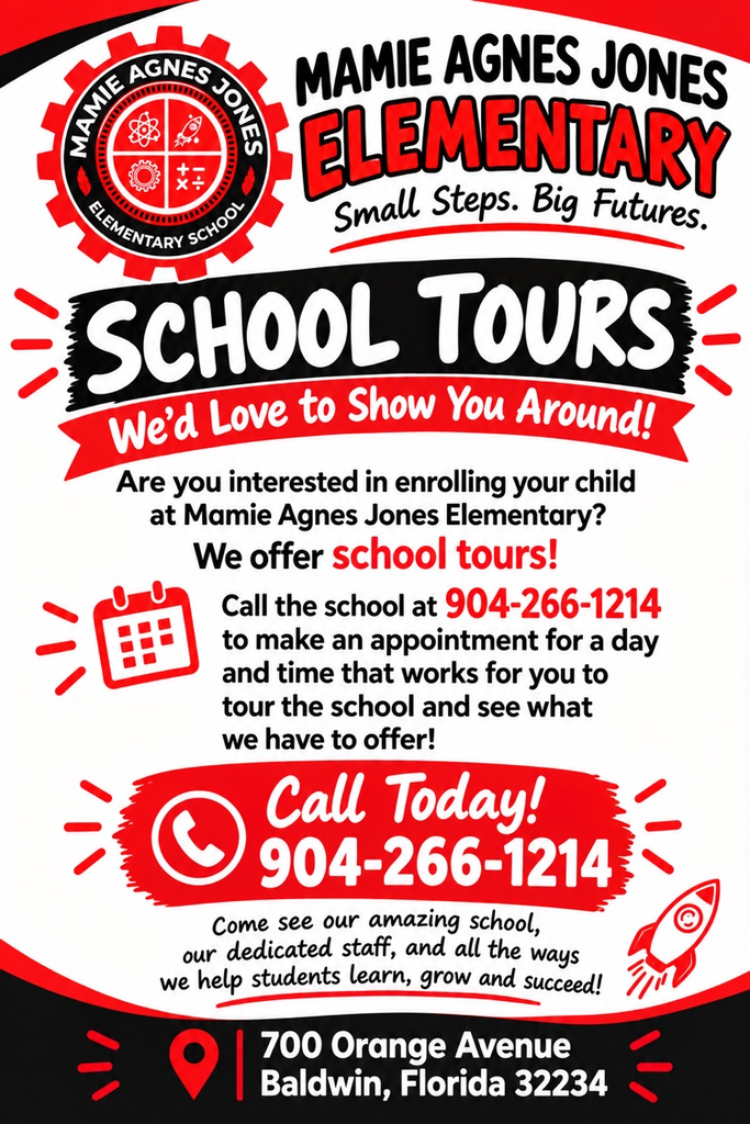 Ad for school tours. Features school logo, phone number, and address. Contact number 904-266-1214.
