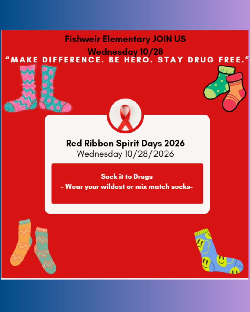 Advertisement for Red Ribbon Spirit Days. Colorful socks on a red background with red ribbon in the center.