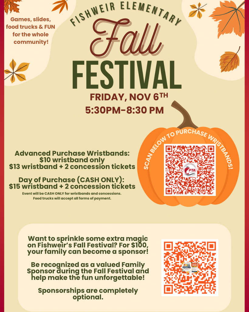 Graphic with red border shows information about a fall festival at a school. QR codes and pumpkin image included.