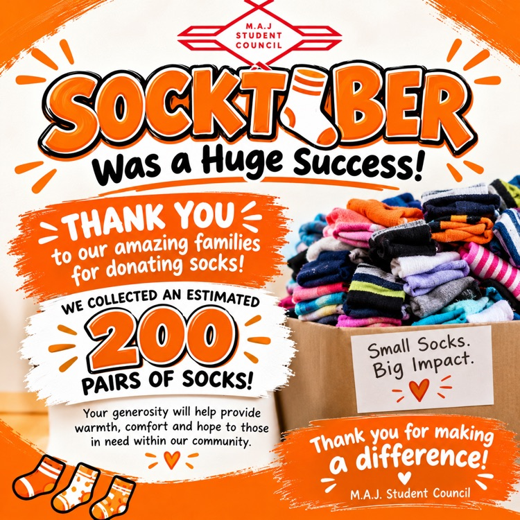 A poster shows a pile of folded socks and a box with a sign. Text reads: "Thank you to our families for donating socks!"