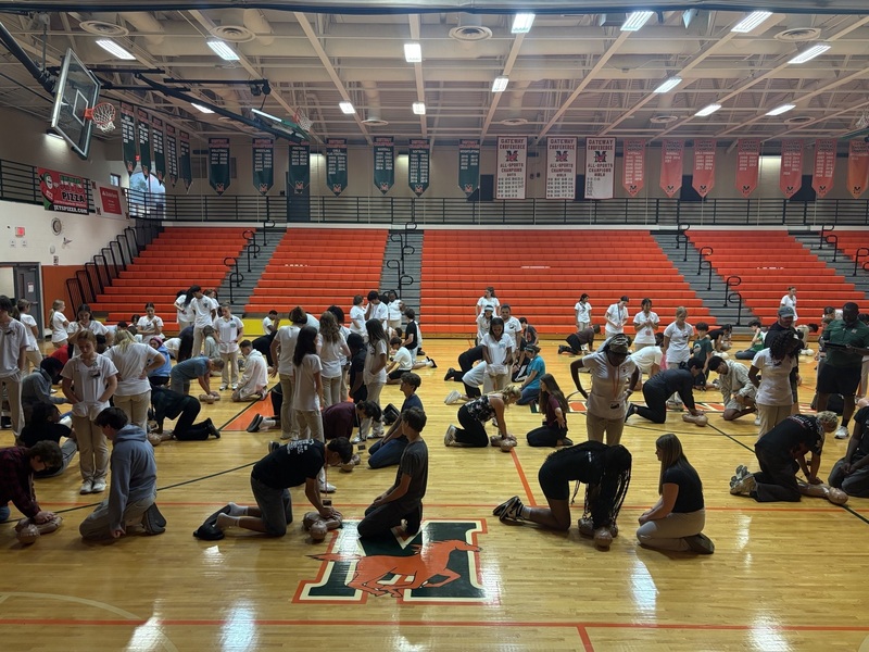 Students practice hand-on CPR in gymnasium.