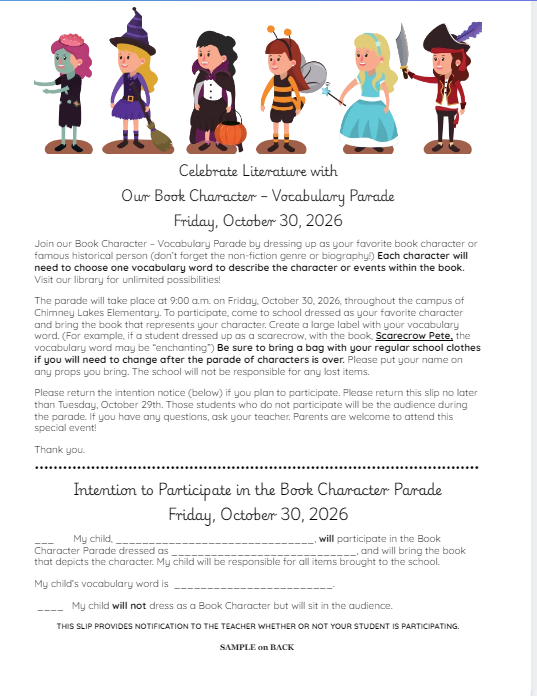 Book Character Parade Info