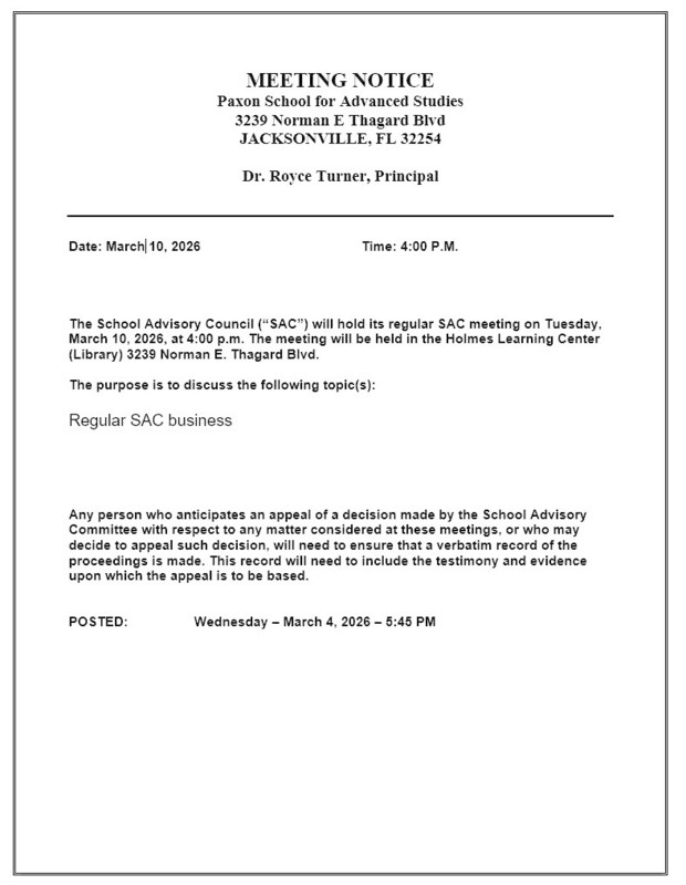 March SAC Meeting Notice Tuesday March 10 2026 4pm