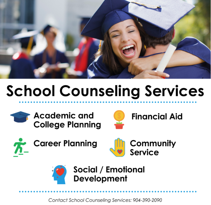 This is an image of a graduating student hugging a fellow graduate with the school counseling services are listed (found in the text below)