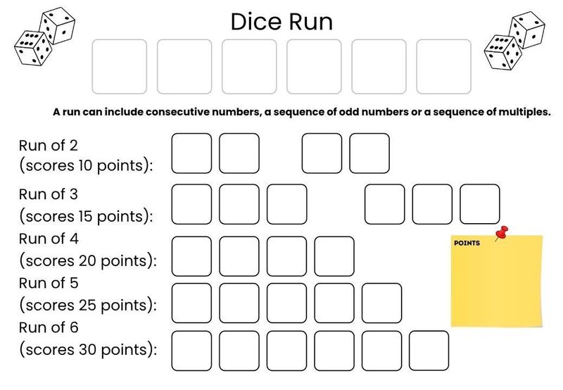 Dice Run Recording Sheet