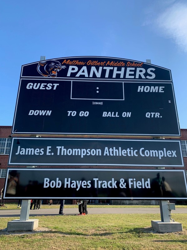 Close-up of the new Boy Hayes Track & Field sign