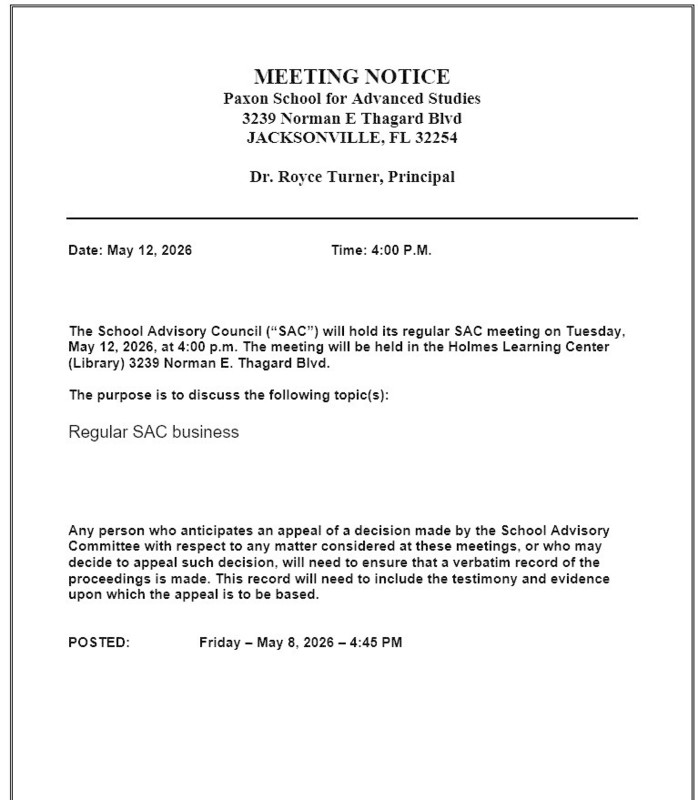 May 2026 SAC Meeting Tuesday May 12 at 4pm