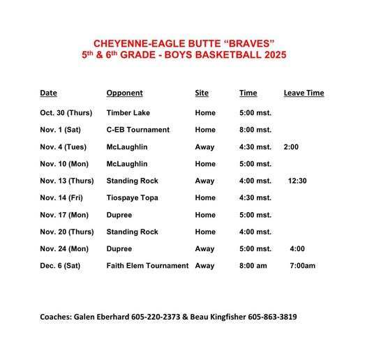 5th & 6th Boys Basket Ball Schedule 11/04/25