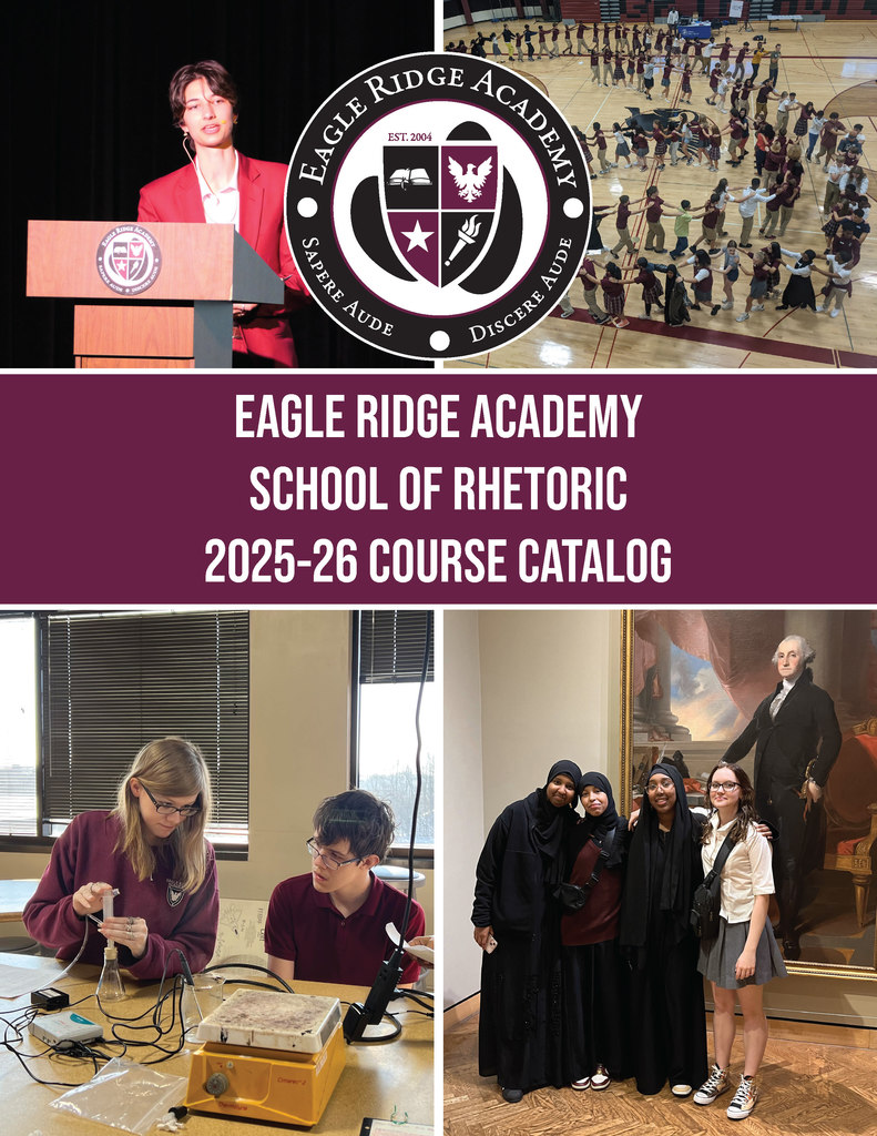 cover photo of course catalog, student at podium, school seal, students in a line, students in uniform working on science project, students posting in front of painting