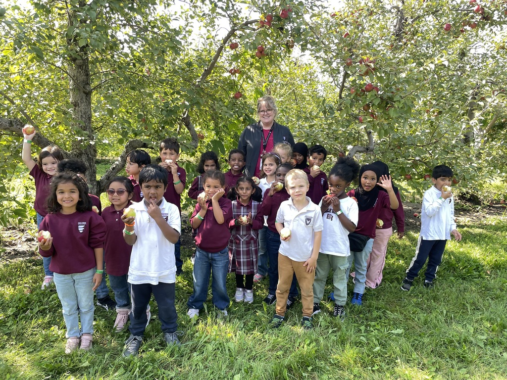 Kindergarten students at apple orchard