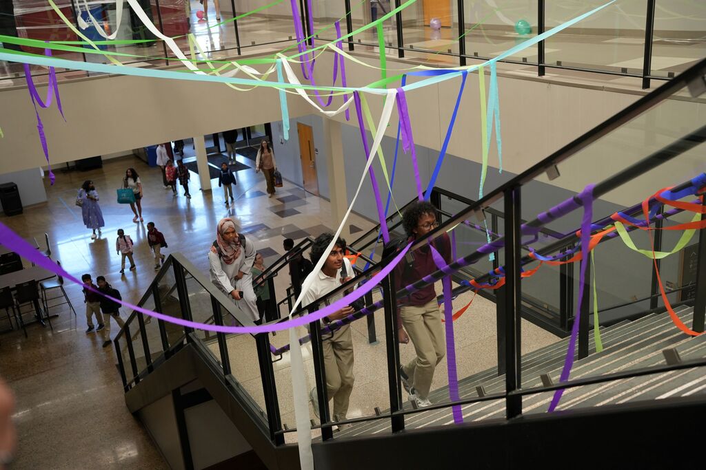 students climbing stairs