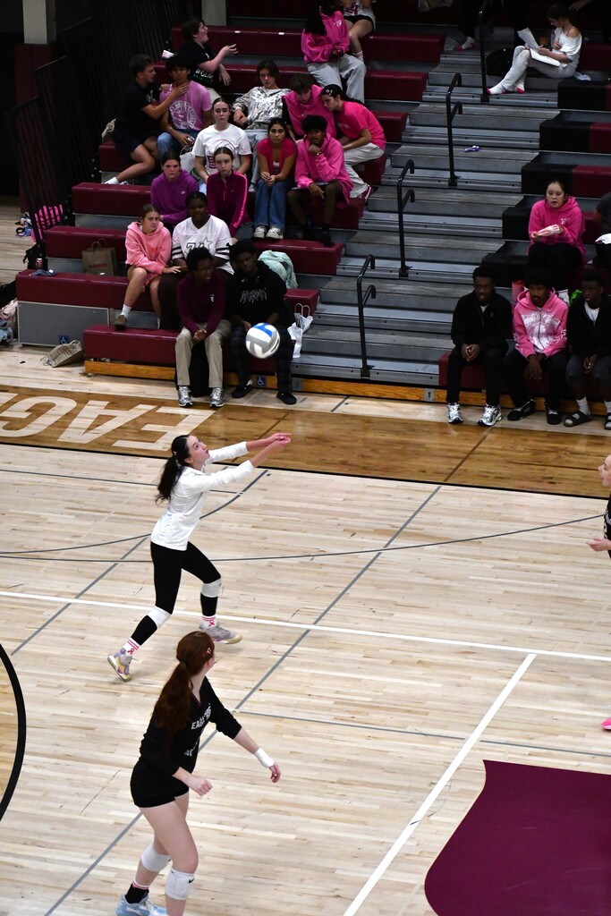 girl about to hit volleyball in front of crowd