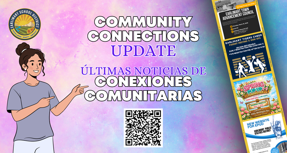 Community Connections update, person pointing, ESD logo, Flyers of events and meetings. all information can befound in the link to the community connections webpage in the article below.