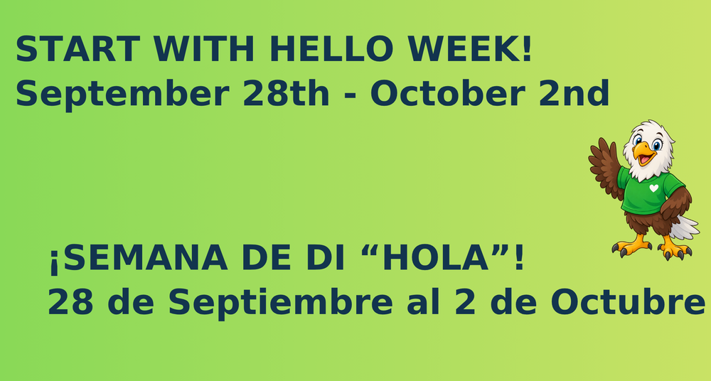 image with green background and an eagle with a green tshirt waving "hi", all written text below (spanish translation inlcuded)